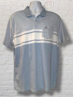Original Penguin Polo Shirt XL Light Blue White Stripe Pocket Logo Golf Casual